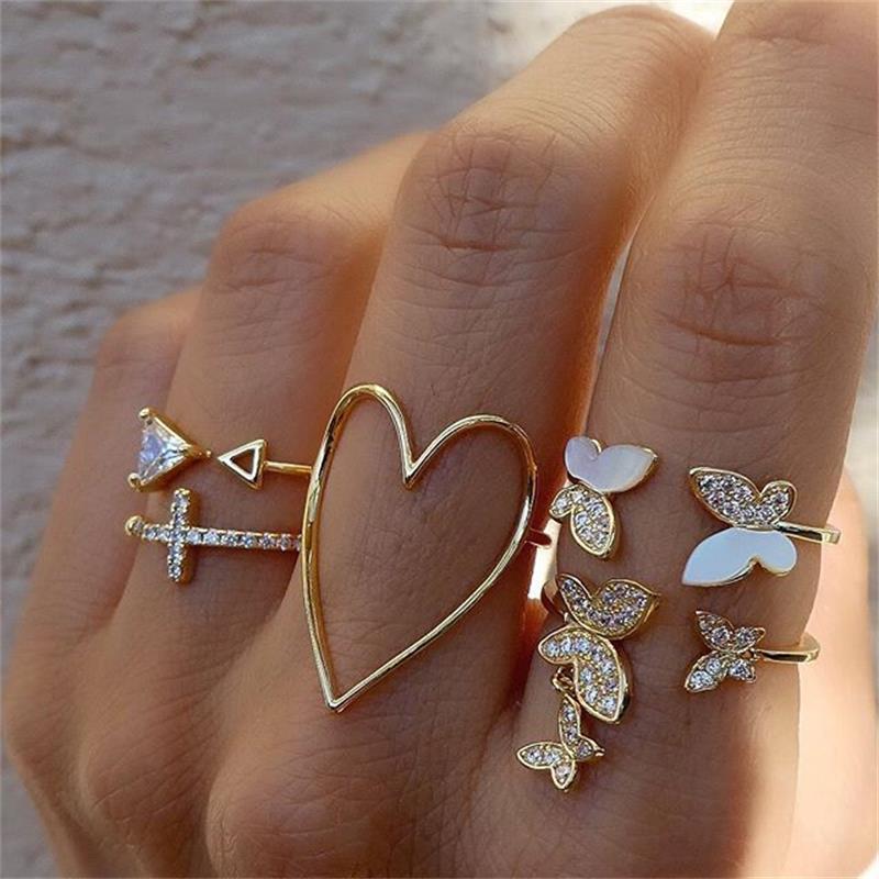 Love Heart Hollow Full Rhinestone Drop Oil Butterfly Ring