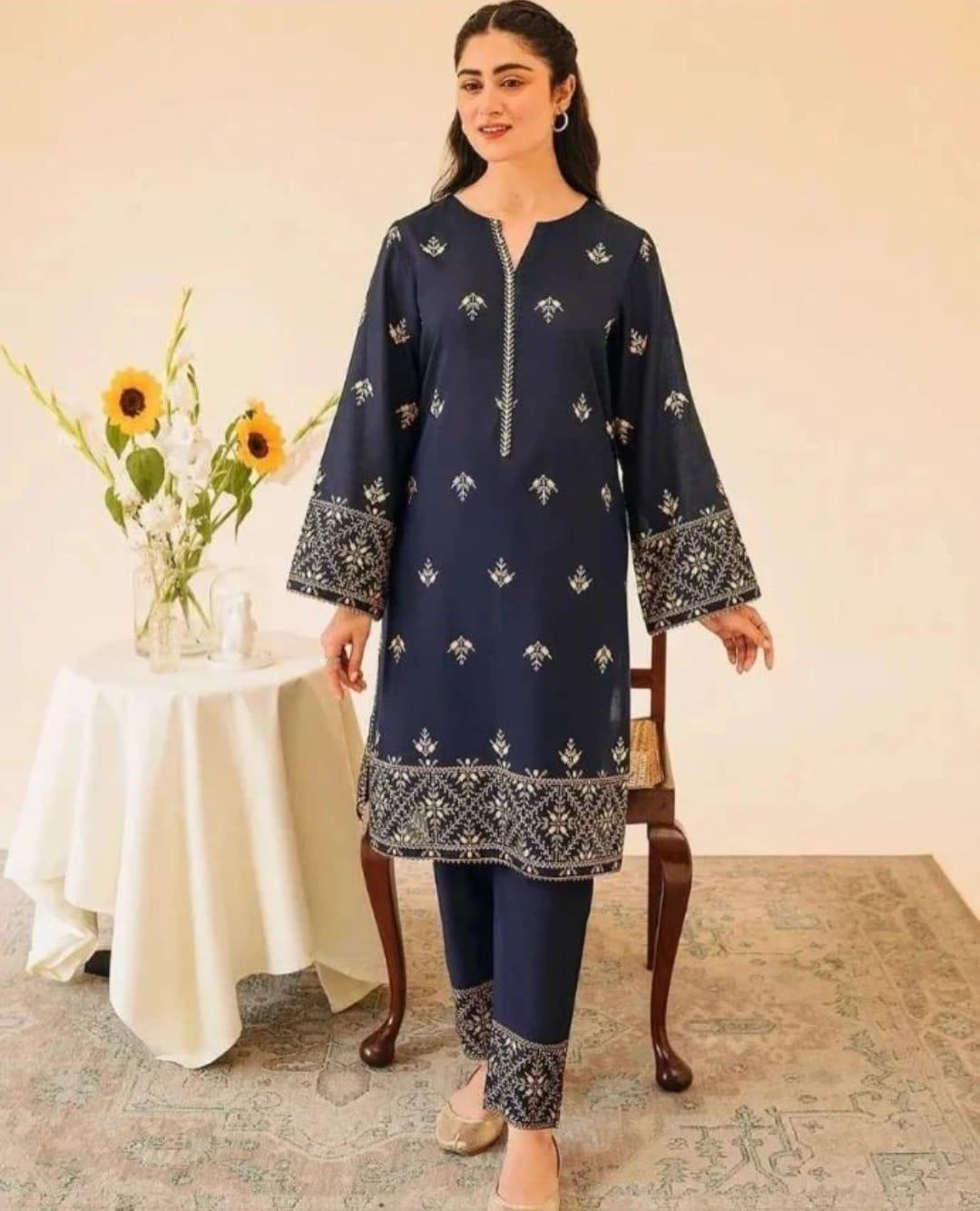 Women's Stitched Silk Embroidered Shirt and Trouser Set - 2 Pcs in Blue