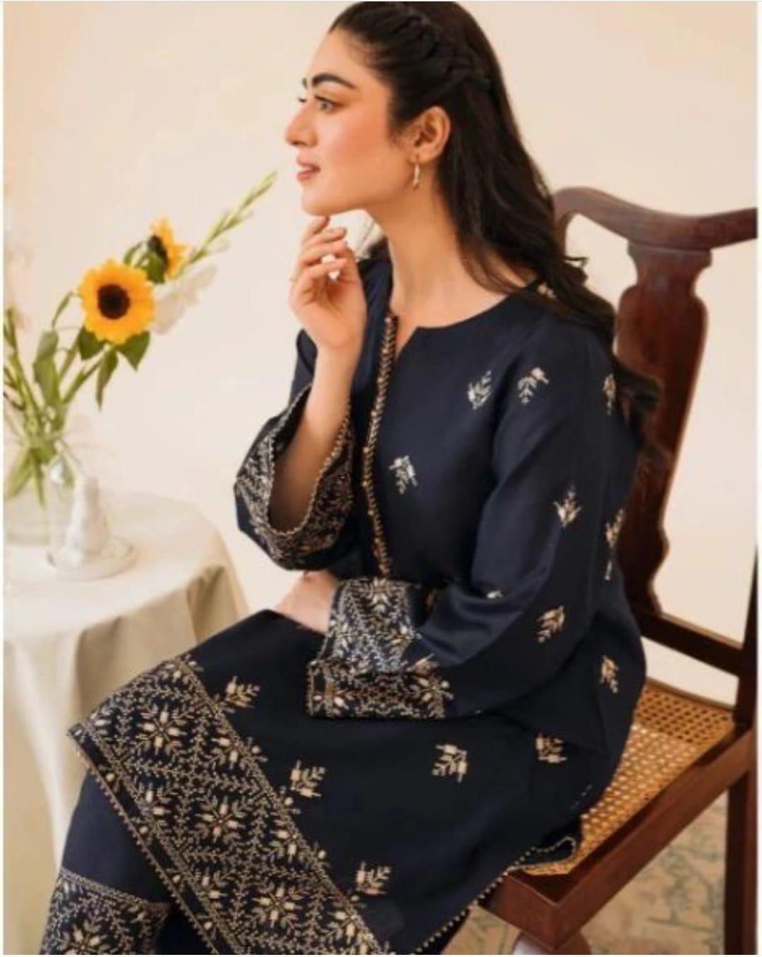 Women's Stitched Silk Embroidered Shirt and Trouser Set - 2 Pcs in Blue