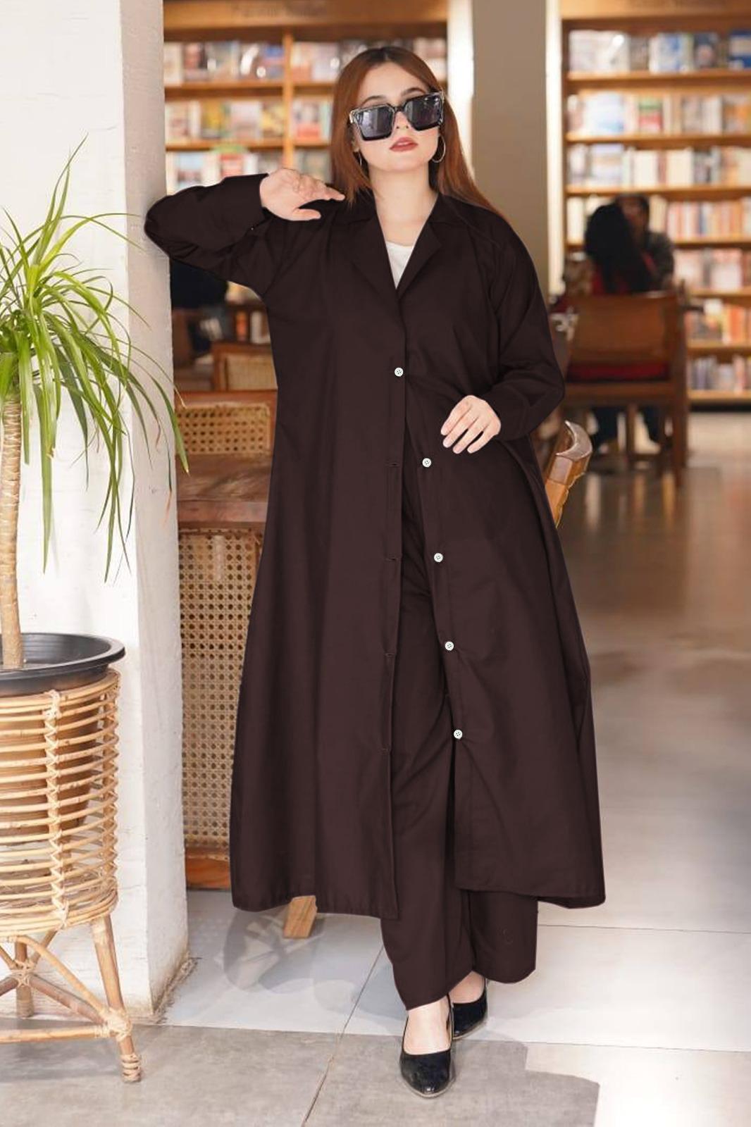 Stylish Women's Stitched Cotton Overcoat & Trouser Set - 2 Pcs in Brown Color