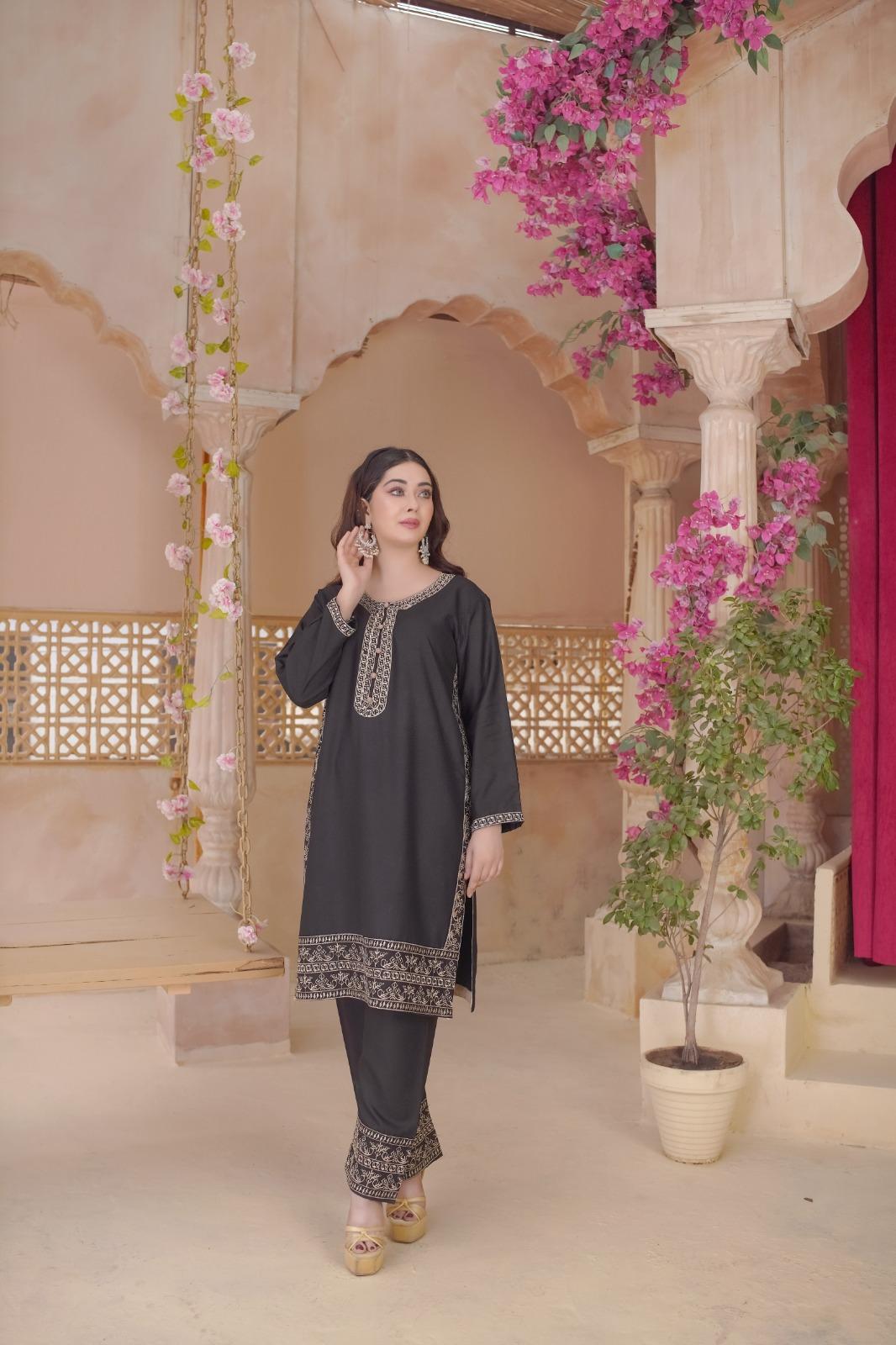 2 Pcs Dhanak Embroidered Women's Stitched Shirt and Trouser Set