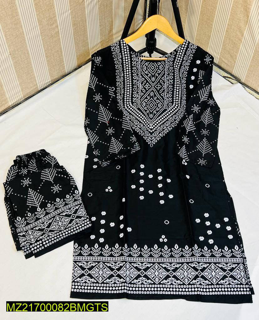 2 Pcs Women's Stitched Linen Block Printed Suit on Pak Store Online