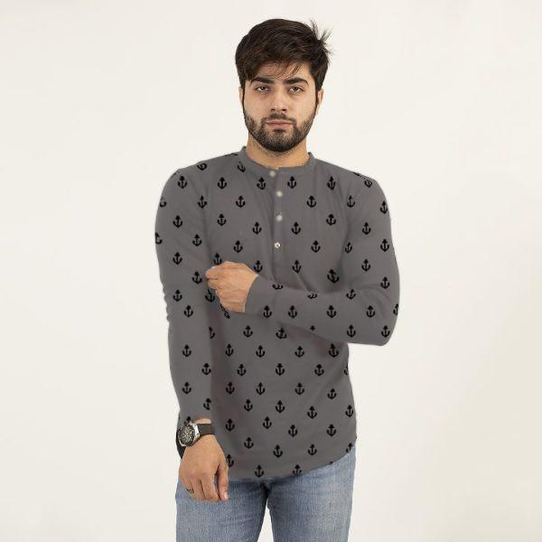Men's Cotton Jersey Printed Kurti-Style Shirt – Gray Color, Stylish and Comfortable