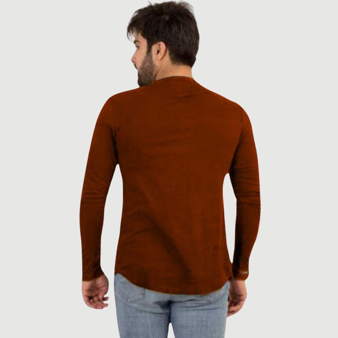 Men's Cotton Jersey Plain Kurti-Style Shirt – Brown Color, Comfortable and Stylish