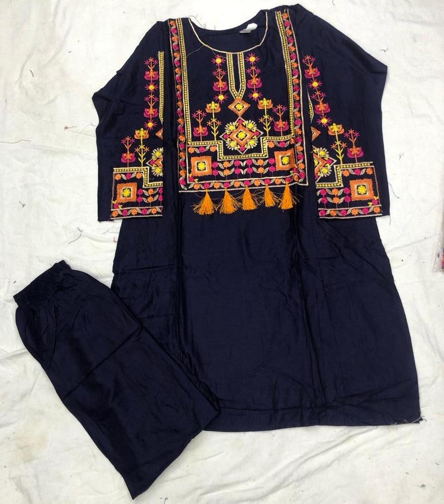 2 Pcs Women's Stitched Linen Embroidered Shirt And Trouser Blue Color