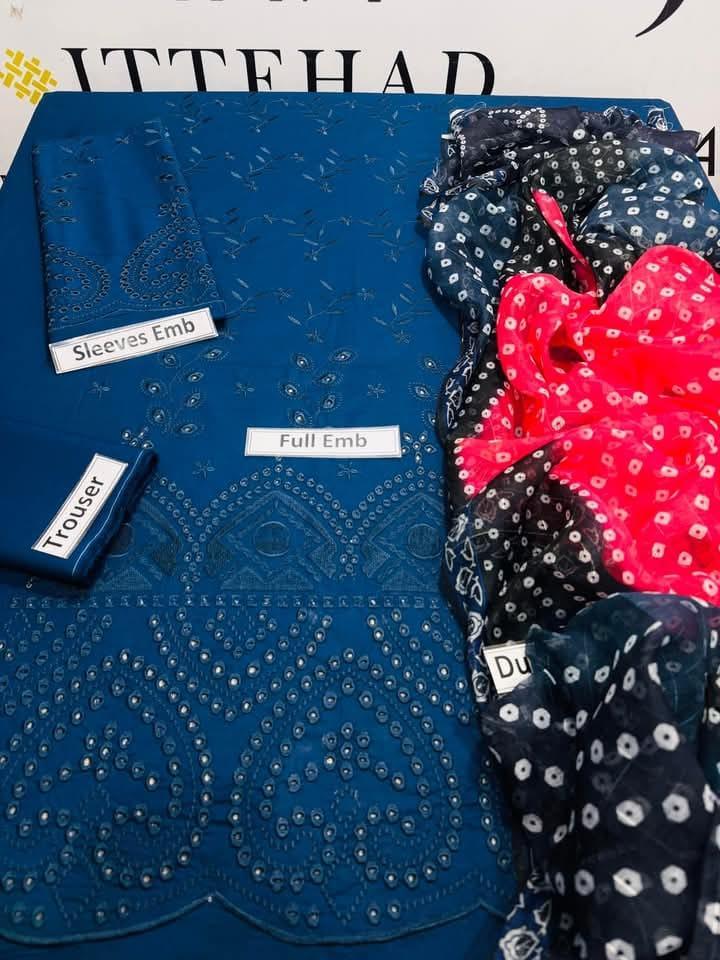 3 Pcs Women's Jazmin Unstitched Chikankari Embroidered Suit