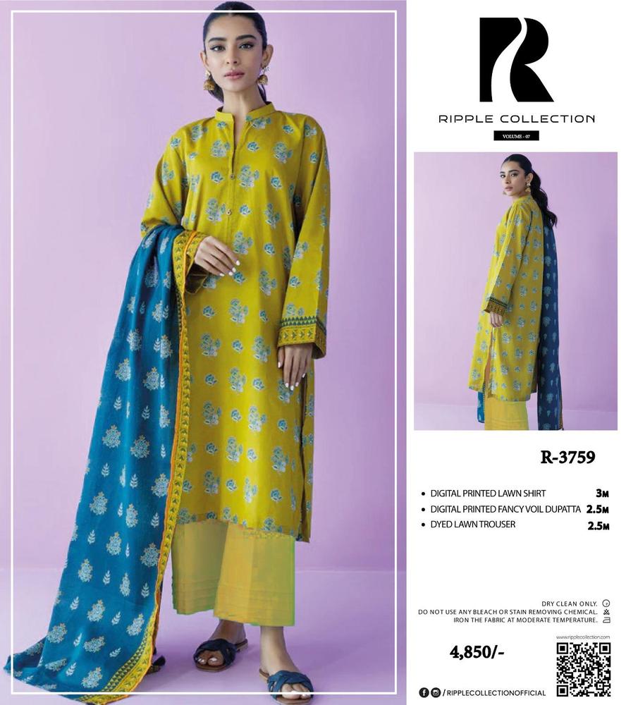 3 Pcs Women's Unstitched Lawn Printed Suit